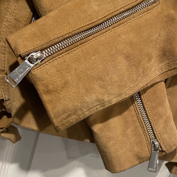BCBGeneration Size S Camel Tan Suede Full Zip Buckles Moto Bomber Jacket Leather - Picture 5 of 14